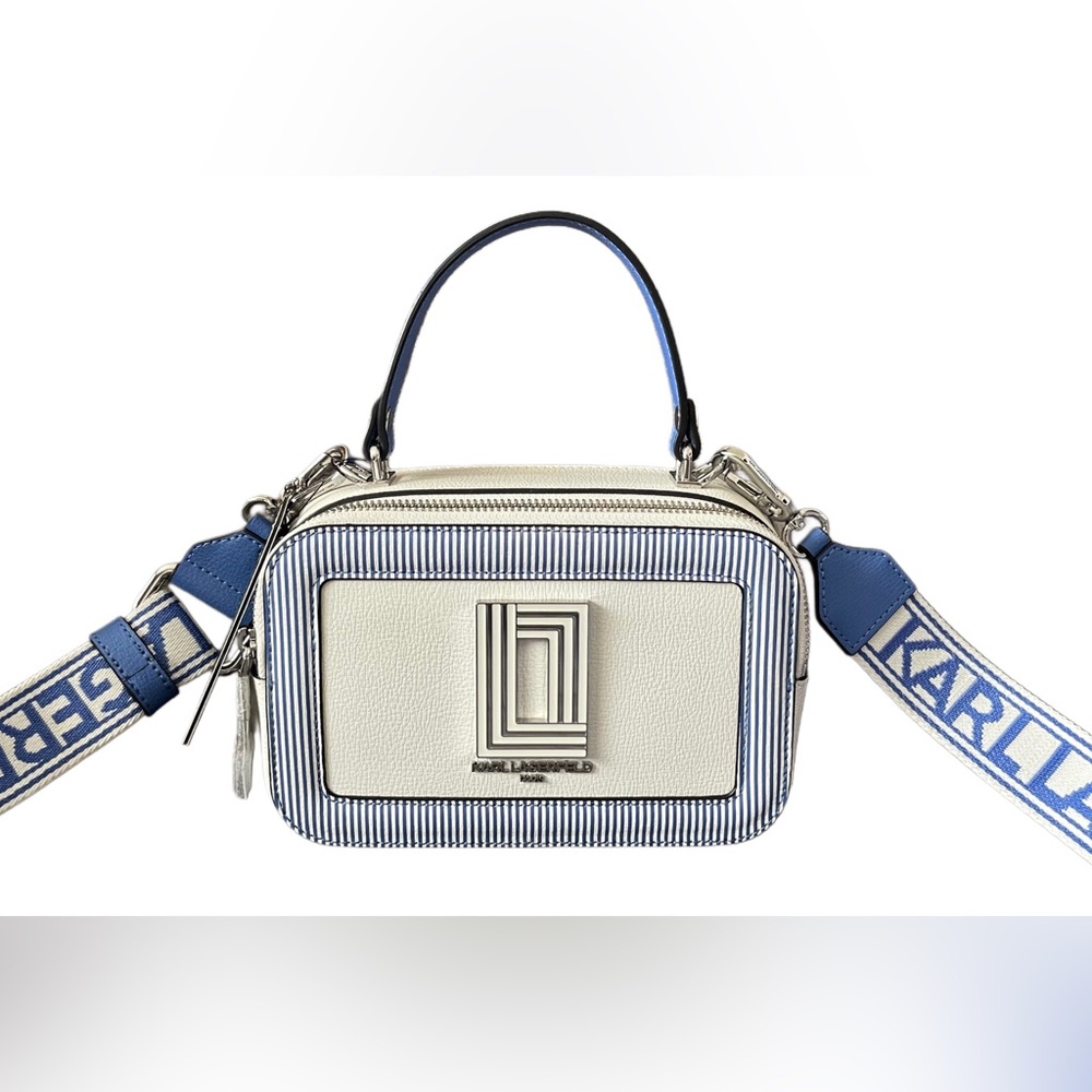 Karl Lagerfeld White and Blue Striped Mini Camera Crossbody